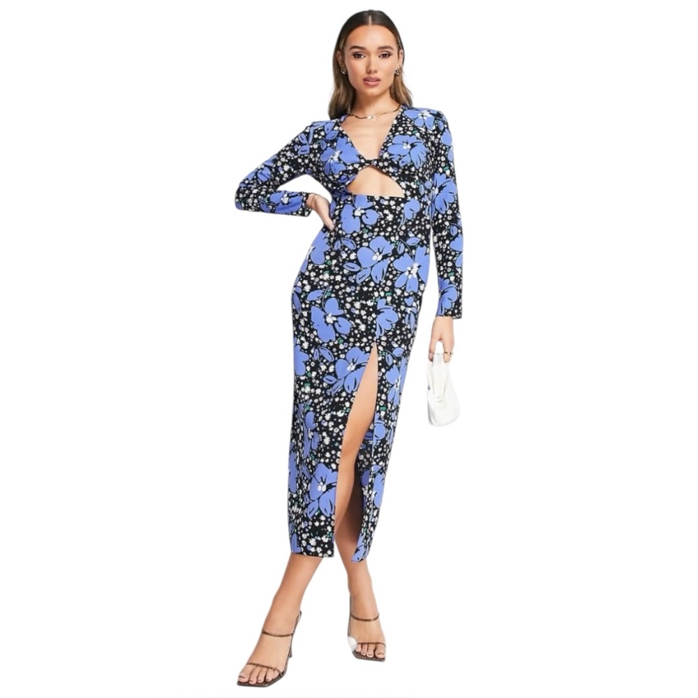 NEW ASOS DESIGN cutout twist midi tea dress in blue floral print US 8 Petite
